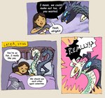 bed blush blush_lines cuddling dialogue duo female feral furniture male nude speech_bubble text bedupolker mythology limerence_(bedupolker) lust_(bedupolker) dragon human mammal mythological_creature mythological_scalie scalie comic english_text