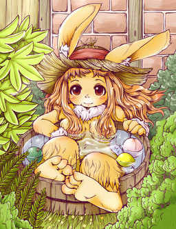 bath brown_eyes brown_hair clothing female food fruit fur hair hat headgear headwear kemono nude plant solo yellow_body yellow_fur setouchi_kurage lagomorph leporid mammal rabbit hi_res