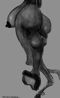 animal_genitalia animal_penis anthro backsack balls biped breasts butt butt_focus crossed_legs equine_genitalia equine_penis flaccid genitals gynomorph hooves intersex low-angle_view nude penis sagging_breasts saggy_balls solo standing equid equine mammal digital_drawing_(artwork) digital_media_(artwork) monochrome