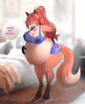 anthro belly big_belly big_breasts bodily_fluids bra breasts butt clothed clothing dialogue digitigrade female fur hair hand_on_belly lactating lactating_through_clothing milk orange_body orange_fur pregnant pregnant_anthro pregnant_female red_hair solo speech_bubble sports_bra sportswear text thick_thighs underwear wet wet_clothing yellow_eyes spellsx aeril_(helios) canid canine fox mammal red_fox true_fox 2021 alternate_version_at_source digital_media_(artwork) english_text hi_res