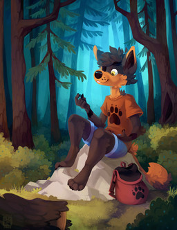 4_toes 5_fingers anthro arm_markings arm_tuft backpack biped black_markings black_nose black_pawpads blueberry_(fruit) blueberry_bush bottomwear brown_body brown_fur brown_hair brown_tail cheek_tuft claws clothed clothing countershade_face countershade_tail countershading detailed_background elbow_tuft eye_patch eyebrows eyewear facial_tuft feet fingers food footprint forest fruit fully_clothed fur grass grin hair holding_object log looking_down male markings multicolored_body multicolored_fur outside pawpads pawprint plant rock shirt short_hair shorts shrub sitting smile solo tail tan_body tan_fur tan_tail toe_claws toes topwear tree tuft two_tone_body two_tone_fur two_tone_tail wood yellow_eyes flemaly cameron_(blackfoxeyes) canid canine canis mammal wolf 2016 absurd_res full-length_portrait hi_res portrait signature