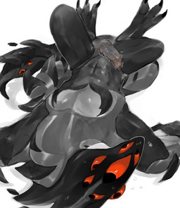 3_toes abs anthro anthrofied black_body bodily_fluids claws erection feet genitals humanoid_genitalia lying male multi_eye muscular muscular_anthro muscular_male nude on_back penis red_eyes simple_background solo sweat tail toes white_background fropopipo creatures_of_sonaria roblox jerry_(creatures_of_sonaria) alien unknown_species hi_res