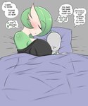 bed bed_sheet bedding big_breasts black_clothing black_shirt black_topwear blanket blush blush_lines breasts clothed clothing cuddling dialogue eyes_closed female furniture green_hair hair heart_symbol hug larger_female male not_furry on_bed pillow shirt size_difference smaller_male speech_bubble teeth text topwear under_covers saltyxodium nintendo pokemon hornyvoir gardevoir generation_3_pokemon human mammal pokemon_(species) 2021 absurd_res english_text hi_res