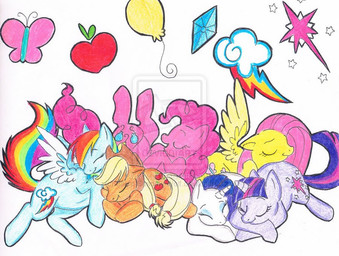 clothing cutie_mark eyes_closed eyeshadow female feral group hat headgear headwear horn makeup open_mouth sleeping smile tail wings silent-shadow-wolf friendship_is_magic hasbro my_little_pony mythology applejack_(mlp) fluttershy_(mlp) pinkie_pie_(mlp) rainbow_dash_(mlp) rarity_(mlp) twilight_sparkle_(mlp) earth_pony equid equine horse mammal mythological_creature mythological_equine pegasus pony unicorn winged_unicorn