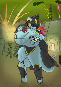 ambiguous_gender anthro areola armor big_areola big_breasts big_penis bikini bikini_bottom bikini_top blue_body blue_fur breasts cape casual_exposure casual_hyper clothing explosion fog fur genitals gynomorph hair headgear helmet helmet_over_eyes highlights_(coloring) huge_areola huge_breasts huge_penis hyper hyper_breasts hyper_genitalia hyper_penis intersex long_tail orange_hair penis solo standing swimwear tail tattoo two-piece_swimsuit vein veiny_penis weapon weapon_on_shoulder syscav helldivers syscav_(syscav) bat hybrid mammal absurd_res hi_res