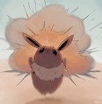 :3 ambiguous_gender big_ears black_nose brown_body brown_eyes brown_fur brown_inner_ear desert explosion eye_bags feral front_view fur jumping motion_blur neck_tuft outside pawpads solo text tuft boke_(artist) nintendo pokemon eevee generation_1_pokemon pokemon_(species) 2018 artist_name digital_drawing_(artwork) digital_media_(artwork)