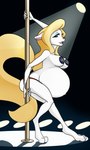 anthro belly big_belly blonde_hair breasts butt clothing dancing eyeshadow female fur hair half-closed_eyes looking_at_viewer makeup narrowed_eyes navel outie_navel panties pasties pole pole_dancing pregnant pregnant_anthro pregnant_female solo spotlight underwear warner_brothers_logo white_body white_fur riddleaugust animaniacs warner_brothers minerva_mink mammal mink mustelid musteline true_musteline 2014 3:5 hi_res