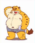 anthro belly big_belly blush clothing eyes_closed male moobs navel nipples open_mouth overweight overweight_male simple_background solo towel underwear white_background 06junior11 felid mammal pantherine tiger 2024 hi_res