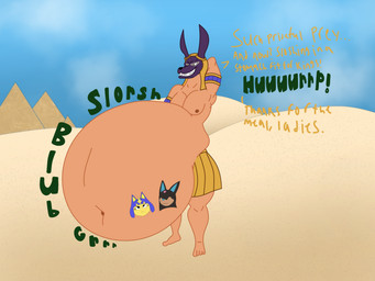 abdominal_bulge after_vore anthro anthro_on_anthro anthro_pred anthro_prey areola areola_outline armband armwear belly belly_overhang big_belly blub bottomwear burping burping_while_talking clothed clothed_male clothed_pred clothing dark_body dark_fur desert desert_background detailed_background dialogue digested digestion digestion_noises duo egyptian egyptian_architecture egyptian_clothing egyptian_headdress fatal_vore female female_prey for_a_head fur gold_headdress gold_headwear gold_skirt golden_clothing group growling hand_behind_back hand_behind_head huge_belly huge_burp human_skin humanoid_on_anthro humanoid_pred implied_reformation light_body light_skin male male_pred motion_lines multicolored_body multicolored_fur multiple_prey muscular muscular_anthro muscular_humanoid muscular_male muscular_pred navel navel_outline nemes_(clothing) nipple_outline nipples onomatopoeia oral_vore pecs post_digestion purple_body purple_fur pyramid reformation rumbling_stomach same_size_vore satisfaction satisfied satisfied_look skirt slorsh slosh sloshing sloshing_belly smile solo sound_effects speech_bubble talking_to_another talking_to_prey taunting teasing text three-quarter_view trio uraeus vore vore_tattoo white_body white_skin mandro22 reigntheweremunk animal_crossing jojo's_bizarre_adventure nintendo palworld pocketpair stardust_crusaders ankha_(animal_crossing) anubis_(jjba) animal_head animal_humanoid anubis_(pal) canid canid_humanoid canine canine_humanoid canis deity domestic_cat egyptian_god felid feline felis humanoid jackal jackal_humanoid mammal mammal_humanoid pal_(species) stand_(jjba) 4:3 absurd_res artist_collaboration digital_media_(artwork) english_text full-length_portrait hi_res portrait three-quarter_portrait