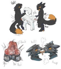 anthro balls balls_touching black_body black_fur blush bodily_fluids dripping ejaculation fangs fellatio french_kissing frottage fur genital_fluids genitals group kissing knot knotted_penis knotting male male/male oral oral_knotting oral_penetration orange_blush orange_body orange_eyes orange_fur orange_sclera orange_tongue pawpads penetration penile penis penises_touching precum precum_drip saliva saliva_drip saliva_string sex solo spitroast spitroast_kiss tail tail_grab teeth throbbing throbbing_penis tongue trio triple_frottage white_body white_fur foxpudding casualties:_unknown expie_(gunsawian) gunsawian milky_(gunsawian) hi_res