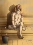 anthro bench bent_legs bucket chest_tuft claws container crossed_legs digitigrade eyes_closed fur inside leg_tucked_under male nude nude_male open_mouth pawpads relaxing sauna shadow sitting solo tan_body tan_fur tasteful_nudity toe_claws tuft water_drop wet wet_body wet_fur wood gaikotsu tauski canid canine canis domestic_dog mammal 2020 hi_res signature