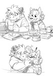 anthro burger clothed clothing duo eating food food_in_mouth force_feeding forced fur hair male shocked simple_background smile topwear white_background takemoto_arashi takemoto bovid canid canine canis domestic_dog mammal 2016 absurd_res digital_drawing_(artwork) digital_media_(artwork) hi_res monochrome shaded sketch