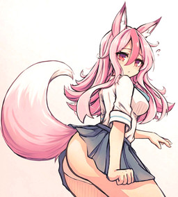 bottomwear breasts butt clothed clothing female fingers fluffy fluffy_tail fur hair inner_ear_fluff looking_at_viewer multicolored_body multicolored_fur pink_body pink_eyes pink_fur pink_hair simple_background skirt solo tail tail_under_skirt tuft underwear white_background white_body white_fur ray65189008 brand_new_animal studio_trigger nazuna_hiwatashi animal_humanoid canid canid_humanoid canine canine_humanoid fox fox_humanoid humanoid mammal mammal_humanoid 2020 absurd_res hi_res portrait three-quarter_portrait