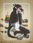 ageplay anthro baby_toy clean_diaper clothed clothing diaper diaper_only embarrassed fluffy fluffy_tail infantilism male object_in_mouth pacifier pacifier_in_mouth red_eyes roleplay solo tail topless toy goodboyliger kago sergal hi_res