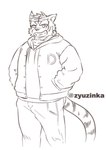 anthro bottomwear cheek_tuft clothed clothing facial_tuft fully_clothed fur head_tuft hoodie male pants smile solo striped_body striped_fur stripes teeth topwear tuft vest ry_o morenatsu torahiko_(morenatsu) felid mammal pantherine tiger 2023 black_and_white line_art monochrome