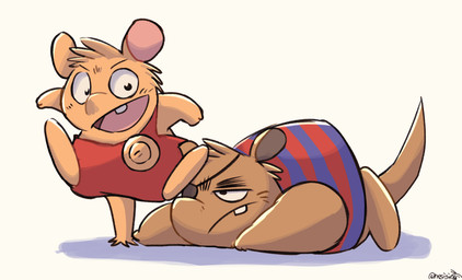 anthro biped brown_body chibi clothed clothing duo eye_patch eyewear lying male open_mouth simple_background negigi gamba_no_bouken gamba_no_bouken_(series) ganba yoisho mammal mouse murid murine rodent 2026