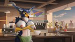 anthro apron apron_only barista beverage big_breasts blue_body blue_eyes blue_fur bodily_fluids breast_milking breasts claws clothed clothing coffee coffee_cup coffee_mug coffee_shop container cup detailed_background detailed_nipples dripping duo ear_piercing erect_nipples erection exposed_breasts feathers female fluffy fur gold_(metal) gold_jewelry green_clothing holding_breast holding_container holding_object huge_breasts jewelry lactating light male male/female mature_female milk nipple_piercing nipples partially_clothed piercing public public_nudity solo sunlight topless white_body white_fur haral mythology deya_(billeur_entropy) dimitri_(flameristics) avali avian bird dinosaur gryphon humanoid mythological_avian mythological_creature prehistoric_species reptile scalie absurd_res detailed hi_res