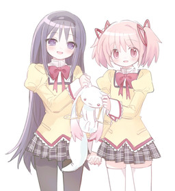 2000s_anime_style ambiguous_gender anime_style blush bottomwear clothed clothing female female/female feral fur group hair hand_holding looking_at_viewer pink_hair red_eyes school_uniform simple_background skirt smile trio uniform white_background white_body white_fur young young_human u3u_00 puella_magi puella_magi_madoka_magica homura_akemi kyubey madoka_kaname alien felid feline human incubator_(puella_magi) mammal digital_media_(artwork) hi_res