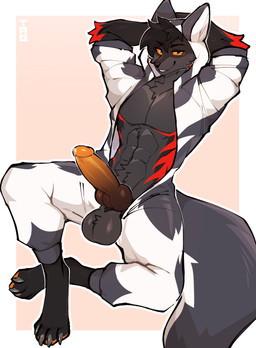 anthro balls biped clothed clothed_anthro clothed_male clothing front_view fur genitals hair knot looking_at_viewer male penis smile solo tail thericegoat canid canine mammal 2026 absurd_res digital_drawing_(artwork) digital_media_(artwork) hi_res