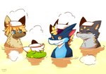 anthro food group hot_spring onsen raining salad soak towel water mythology teryx favonius rareel teryx_commodore canid canine canis dragon hyena mammal mythological_creature mythological_scalie scalie wolf hi_res