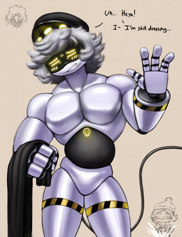 4_fingers blush blush_lines clothing dialogue duo embarrassed female fingers gesture hair hand_gesture hat hazard_stripes headgear headwear holding_clothing holding_object machine male muscular muscular_male not_furry nude pecs screen_eyes simple_background stop_gesture tail teeth text white_body white_hair yellow_eyes redviewer_55 glitch_productions murder_drones n_(murder_drones) uzi_(murder_drones) android disassembly_drone humanoid robot robot_humanoid tailed_humanoid worker_drone 2025 english_text hi_res