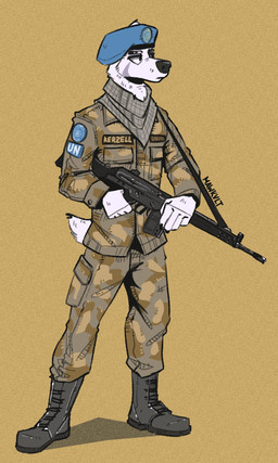 anthro badge beret boots clothing footwear fur gun hat headgear headwear holding_gun holding_object holding_ranged_weapon holding_rifle holding_weapon male military military_cap military_clothing military_jacket military_pants military_uniform ranged_weapon rifle scarf shoes soldier solo tail text text_on_clothing uniform united_nations warrior weapon wearing_hat white_body white_fur mawkvlt 3:5 hi_res