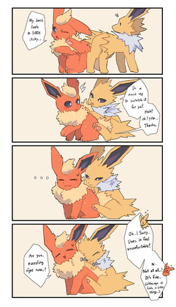 4_panel_comic ambiguous_gender black_sclera bodily_fluids dialogue dot_nose duo ellipsis emanata emphatic_ellipsis eyes_closed feral fur looking_at_another mane nuzzling open_mouth orange_body orange_fur pawpads paws pink_pawpads questioning_ellipsis scratching sitting speech_bubble sweat sweatdrop tan_body tan_fur tan_mane text white_eyes white_mane yellow_body yellow_fur pikop nintendo pokemon eeveelution flareon generation_1_pokemon jolteon pokemon_(species) comic digital_drawing_(artwork) digital_media_(artwork) english_text hi_res
