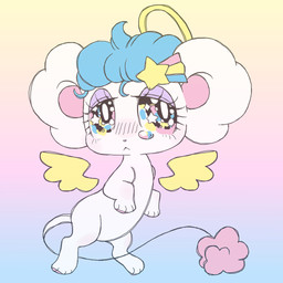 alternative_fashion ambiguous_gender blue_hair blush blush_lines bodily_fluids chibi eyelashes fairy_kei feathered_wings feathers feet feral feralized fur glistening glistening_eyes hair halo handpaw hindpaw j-fashion kemono lidded_eyes nude paws round_ears semi-anthro solo sparklefur tail tail_tuft tears tuft white_body white_fur wings lagomortis peropero_sparkles melo_(peropero_sparkles) alien angel mammal mouse murid murine rodent 1:1 pastel_theme