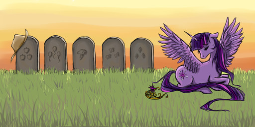 clothing cowboy_hat crown cutie_mark feathered_wings feathers female feral fur gold_(metal) grave hair hat headgear headwear horn multicolored_hair purple_body purple_feathers purple_fur purple_hair quadruped sad solo sunset tail tombstone two_tone_hair wings hungrylen friendship_is_magic hasbro my_little_pony mythology twilight_sparkle_(mlp) equid equine mammal mythological_creature mythological_equine winged_unicorn 2013 2:1 digital_drawing_(artwork) digital_media_(artwork)