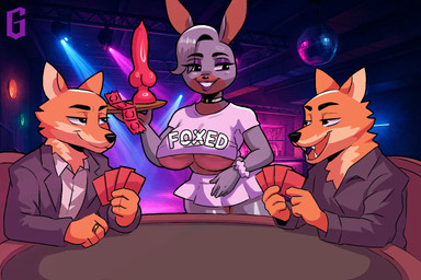 anthro blue_eyes bottomwear bunny_in_a_bunny_suit card choker clothing condom costume covered_nipples covered_vulva dildo female fishnet_clothing fishnet_legwear foxxed gambling group jewelry knot knotted_dildo latex legwear makeup male microskirt miniskirt necklace pink_clothing pink_condom playing_card scrunchie sex_toy sexual_barrier_device skirt species_play trio lord_gonh victoria_(bunnysimp) canid canine fox lagomorph leporid mammal rabbit 3:2