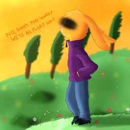 anthro blurred_background clothing flower fur hill jacket male orange_body orange_fur plant purple_clothing solo sunset topwear tree wind ylf 1:1