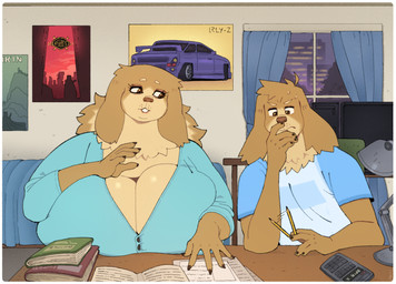 anthro big_breasts biped blue_clothing book border breasts brown_body cleavage clothed clothing detailed_background duo eyelashes female front_view fur holding_object holding_pencil homework huge_breasts inside male mature_female pencil_(object) pupils studying white_border window roly madeline_hettrick riccardo_baumann bird_dog canid canine canis domestic_dog golden_retriever hunting_dog mammal retriever mother_(lore) mother_and_child_(lore) mother_and_son_(lore) parent_(lore) parent_and_child_(lore) parent_and_son_(lore) son_(lore)