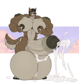 anthro balls big_balls big_penis bodily_fluids cum cumshot ejaculation genital_fluids genitals huge_balls huge_penis humanoid_genitalia humanoid_penis hyper hyper_balls hyper_genitalia hyper_penis lactating male male_lactation muscular muscular_anthro muscular_male nipple_fetish nipple_pinch nipple_play nipples pecs penis pinch solo vein veiny_penis kamui_behemoth roco_(therocodogo) canid canine canis domestic_dog mammal 2026 absurd_res hi_res