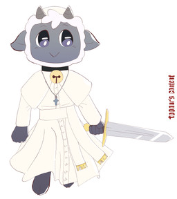 anthro bell bell_collar belt biped button_(fastener) clothed clothing collar cross cross_necklace front_view fully_clothed fur grey_body hair holding_melee_weapon holding_object holding_sword holding_weapon horn jewelry melee_weapon necklace religion robe simple_background solo standing sword weapon white_background white_body white_clothing white_fur white_hair wool_(fur) toonarscontent christianity cult_of_the_lamb massive_monster_(studio) lamb_(cult_of_the_lamb) bovid caprine mammal sheep absurd_res digital_media_(artwork) full-length_portrait hi_res portrait