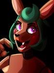 anthro black_background black_nose claws eyelashes fangs female finger_claws front_view green_claws green_hair hair machine open_mouth open_smile orange_body pink_eyes red_tongue simple_background smile solo teeth tongue imperatorcaesar animatronic robot bust_portrait hi_res portrait