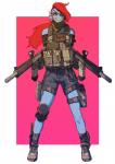 abstract_background ar-15 assault_rifle bag bangs bare_shoulders blue_body blue_skin boots border bottomwear clothed clothing collarbone combat_boots dual_wielding ear_fins ear_frill eye_patch eyelashes eyeshadow eyewear fangs female fin footwear frill_(anatomy) front_view grin gun hair heart_symbol hk416 holding_assault_rifle holding_gun holding_object holding_ranged_weapon holding_rifle holding_weapon kerchief knee_pads knife long_hair looking_at_viewer makeup military neckerchief neckwear noseless pupils ranged_weapon red_eyes red_eyeshadow red_hair rifle sharp_teeth shemagh shoes shorts simple_background slit_pupils smile soldier solo standing teeth warrior weapon white_border yellow_eyes yellow_teeth pgm300 undertale undertale_(series) undyne animal_humanoid fish fish_humanoid humanoid marine marine_humanoid 2015 digital_media_(artwork) full-length_portrait hi_res portrait