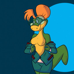 anthro bottomwear breasts clothed clothing eyewear female glasses hair hair_bun looking_at_viewer navel nipples no_bra orange_hair skirt smile solo undressing r4c00n sos_croco miss_janet crocodile crocodilian reptile scalie 1:1 2024 absurd_res hi_res