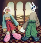 anthro biped bottomwear breasts bridge brown_clothing brown_shirt brown_topwear building clothing column duo floor footwear green_bottomwear green_clothing green_pants hair hand_holding landscape looking_at_viewer midriff mountain navel pants pink_clothing pink_eyes pink_footwear pink_sclera pink_shoes plant red_bottomwear red_clothing red_shorts river roman_numeral shirt shoes shorts sky smile standing tile tile_floor topwear tree under_boob wall_(structure) white_hair boarboy crocs domestic_cat felid feline felis human mammal 2021 dated hi_res signature