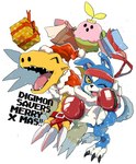 accessory anthro blue_body blue_fur boxing_gloves christmas_clothing clothing female flower fur group handwear headband holidays male one_eye_closed plant present_box trio wink yellow_eyes ulcer_gag bandai_namco christmas digimon digimon_data_squad agumon digimon_(species) gaomon lalamon absurd_res hi_res