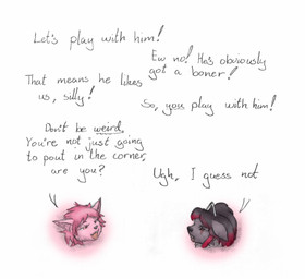anthro dialogue duo female fur hair half-closed_eyes implied_incest narrowed_eyes open_mouth simple_background teeth text young young_anthro young_female meowmere bat canid canine canis mammal wolf absurd_res english_text hi_res