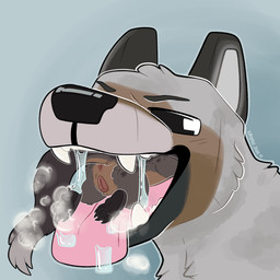 ambiguous_gender animal_genitalia anthro anus bodily_fluids dipstick_tail duo female feral fur genitals imminent_vore in_mouth markings nude open_mouth partially_inside saliva simple_background size_difference smile tail tail_markings teeth tongue tongue_out upside_down_vulva vore vulva kaiizree microsoft minecraft mojang xbox_game_studios korwin binturong canid canine canis mammal viverrid wolf wolf_(minecraft) 1:1 absurd_res hi_res