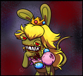 4_fingers anthro bent_arm black_border blonde_hair blood blood_on_face blood_on_hand blood_on_shirt bodily_fluids border bottomless bottomless_anthro bottomless_female clothed clothed_anthro clothed_female clothing crown featureless_crotch female female_anthro fingers gem green_body green_skin green_tail hair headgear insert-thenewbl-hereattack_of_the_killer_rabbids_from_outer_space light long_ears long_hair long_tail looking_at_viewer messy_hair narrowed_eyes noseless pink_clothing pink_shirt pink_topwear pose pupils red_eyes ruby_(gem) sapphire_(gem) sharp_teeth shirt simple_background slit_pupils smile smiling_at_viewer solo squint tail teeth topwear torn_clothing torn_shirt torn_topwear yellow_sclera insert-thenewbl-here mario_bros mario_plus_rabbids_kingdom_battle nintendo raving_rabbids rayman_(series) ubisoft rabbid_peach killer_freak lagomorph mammal rabbid 2024 colored crossover digital_drawing_(artwork) digital_media_(artwork) english_description half-length_portrait hi_res lighting portrait shaded signature