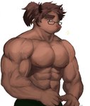 abs absurd_res anthro brown_body brown_fur brown_hair bust_portrait catoblepas catoblepas_(tas) eyebrows eyewear fur glasses hair hi_res jindoruu lifewonders male muscular muscular_anthro muscular_male nipples pecs portrait solo thick_eyebrows tokyo_afterschool_summoners