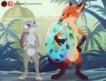 animal_genitalia anthro balls black_nose breasts casual_nudity countershading duo female fully_sheathed fur genitals grey_body grey_fur holding_object inflatable inner_tube male male/female nipples nude orange_body orange_fur outside pink_nose plant purple_eyes pussy sheath smile tree nerton disney zootopia judy_hopps nick_wilde canid canine fox lagomorph leporid mammal rabbit red_fox true_fox absurd_res hi_res