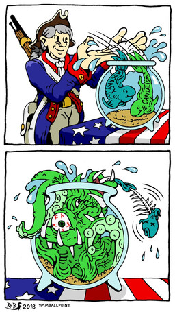 5_fingers after_vore ambiguous_gender american_flag aquarium blue_body bone border capitalism clothing corpse deformed feral fingers fish_bowl green_body green_eyes grey_hair group gun hair hat headgear headwear male military_cap military_uniform partially_submerged political_cartoon politics ranged_weapon rifle rifle_sling sharp_teeth simple_background skeleton smile teeth tentacles trio uniform united_states_of_america vivarium vore water weapon white_background white_border 9mmballpoint aquatic fish human hybrid mammal monster 2018 comic digital_drawing_(artwork) digital_media_(artwork) hi_res