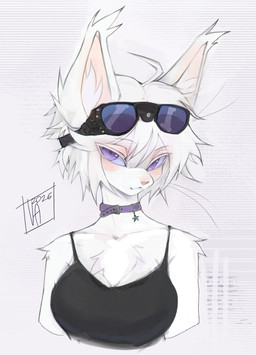 accessory ahoge albino alternative_fashion anthro arm_tuft bangs bare_shoulders biped black_clothing black_topwear breasts chest_tuft cleavage clothed clothed_anthro clothed_female clothing collar collarbone ear_tuft eyebrow_through_hair eyebrows eyelashes eyelashes_through_hair eyewear eyewear_on_head female female_anthro fluffy_ears front_view fur glistening glistening_eyes hair inner_ear_fluff long_ears looking_at_viewer medium_breasts monotone_body monotone_fur monotone_hair mouth_closed off_shoulder pink_inner_ear pink_nose pointy_ears prick_ears purple_eyes short_hair shoulder_tuft simple_background sleeveless_clothing slim slim_female solo star_accessory sunglasses sunglasses_on_head topwear translucent translucent_hair tuft wearing_sunglasses white_background white_body white_ears white_fur white_hair white_inner_ear_fluff valerian_devis albi_sqirl mammal rodent sciurid tree_squirrel 2026 bust_portrait colored_sketch dated digital_media_(artwork) hi_res portrait signature sketch three-quarter_portrait