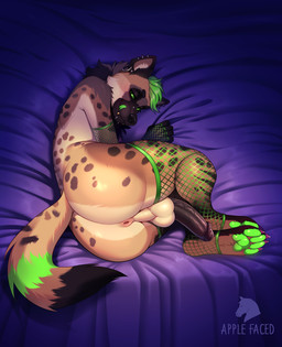 anthro anus armwear backsack balls bedroom_eyes big_butt big_penis butt clothing ear_piercing ear_ring feet fingers fishnet_armwear fishnet_clothing fishnet_topwear fur genitals hair half-erect humanoid_genitalia humanoid_penis legwear licking licking_lips licking_own_lips looking_at_viewer lying male narrowed_eyes nude on_side pawpads penis perineum piercing ring_piercing seductive self_lick smile solo spots tail thigh_highs toes tongue tongue_out topwear vein veiny_penis apple-faced roukan_(hyena) hyena mammal spotted_hyena absurd_res digital_media_(artwork) hi_res