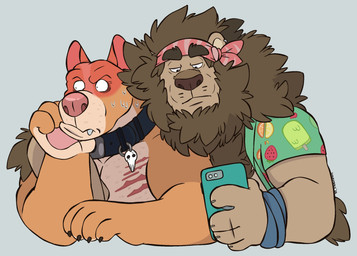 affectionate anthro biceps big_muscles black_collar blue_wristband blush blushing_profusely bodily_fluids body_hair brown_body brown_fur brown_nose cellphone chest_hair chest_scar chin_in_hand claws clothing collar collar_tag duo electronics embarrassed embarrassed_expression embarrassed_horny embarrassed_male eyebrows food_print fruit_print fur green_clothing green_shirt green_topwear grumpy hand_on_chin hand_on_own_chin head_in_hand looking_at_object looking_at_phone looking_away love lying lying_on_ground male male/male mane manly muscular muscular_anthro muscular_male nuzzling on_front on_ground orange_body orange_clothing orange_fur orange_shirt orange_topwear pattern_clothing pattern_shirt pattern_topwear pec_scar pecs phone pink_nose plant_print red_bandana red_clothing red_shirt red_topwear scar secretly_loves_it shirt simple_background skull_collar skull_collar_tag sweat sweatdrop sweaty_body sweaty_face thick_arms thick_eyebrows topwear tough_guy whiskers white_background wristband yellow_clothing yellow_shirt yellow_topwear syncrotrace archie_(syncrotrace) cedar_(syncrotrace) canid canine canis domestic_dog felid feline lion mammal pantherine pit_bull hi_res