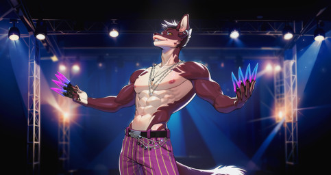 5_fingers abs anthro belt bottomwear claws clothed clothing countershading detailed_background ear_piercing fingers fur grin hair holding_object holding_weapon inner_ear_fluff jewelry male muscular necklace nipples pants pattern_bottomwear pattern_clothing pattern_pants piercing smile solo striped_bottomwear striped_clothing striped_pants stripes topless tuft weapon ai_assisted ai_generated_background wolfberrys canid canine mammal 2023 hi_res