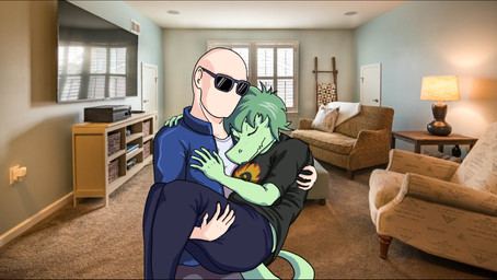 anthro bald black_clothing black_shirt black_topwear blue_clothing blue_jacket blue_topwear bottomwear bridal_carry canon_couple carpet carrying_another chair clothed clothed_anthro clothed_female clothed_human clothed_male clothing day detailed_background duo electronics eyelashes eyes_closed eyewear female freckled_face freckles furgonomics furniture green_body green_hair grey_bottomwear grey_clothing grey_pants hair hand_on_chest happy human_on_anthro inside interspecies jacket lamp long_eyelashes male male/female open_clothing open_jacket open_topwear pants photo_background romantic romantic_couple shirt short_hair smile standing sunglasses tail television topwear window sebek_fereh_ra cavemanon_studios i_wani_hug_that_gator inco_(iwhtg) olivia_halford baryonyx dinosaur human mammal prehistoric_species reptile saurischian scalie spinosaurid theropod colored hi_res photography_(artwork) shaded